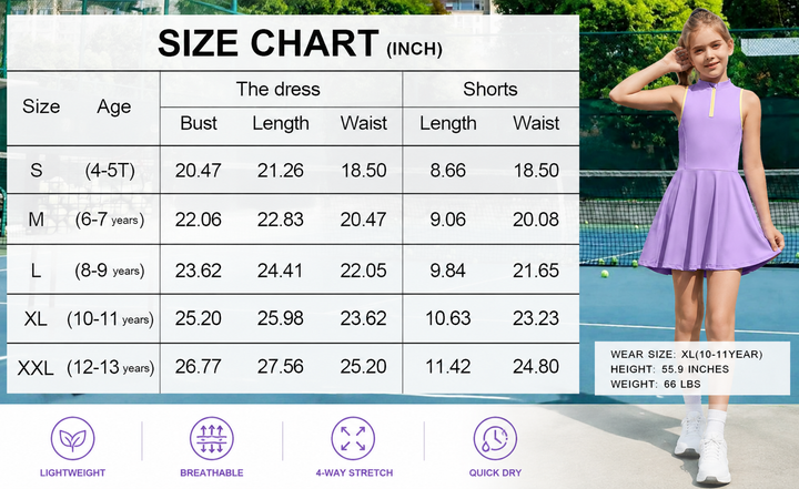 Girls Tennis Golf Dress Sleeveless Athletic Half Zipper Outfits with Shorts Aged 4-13Year