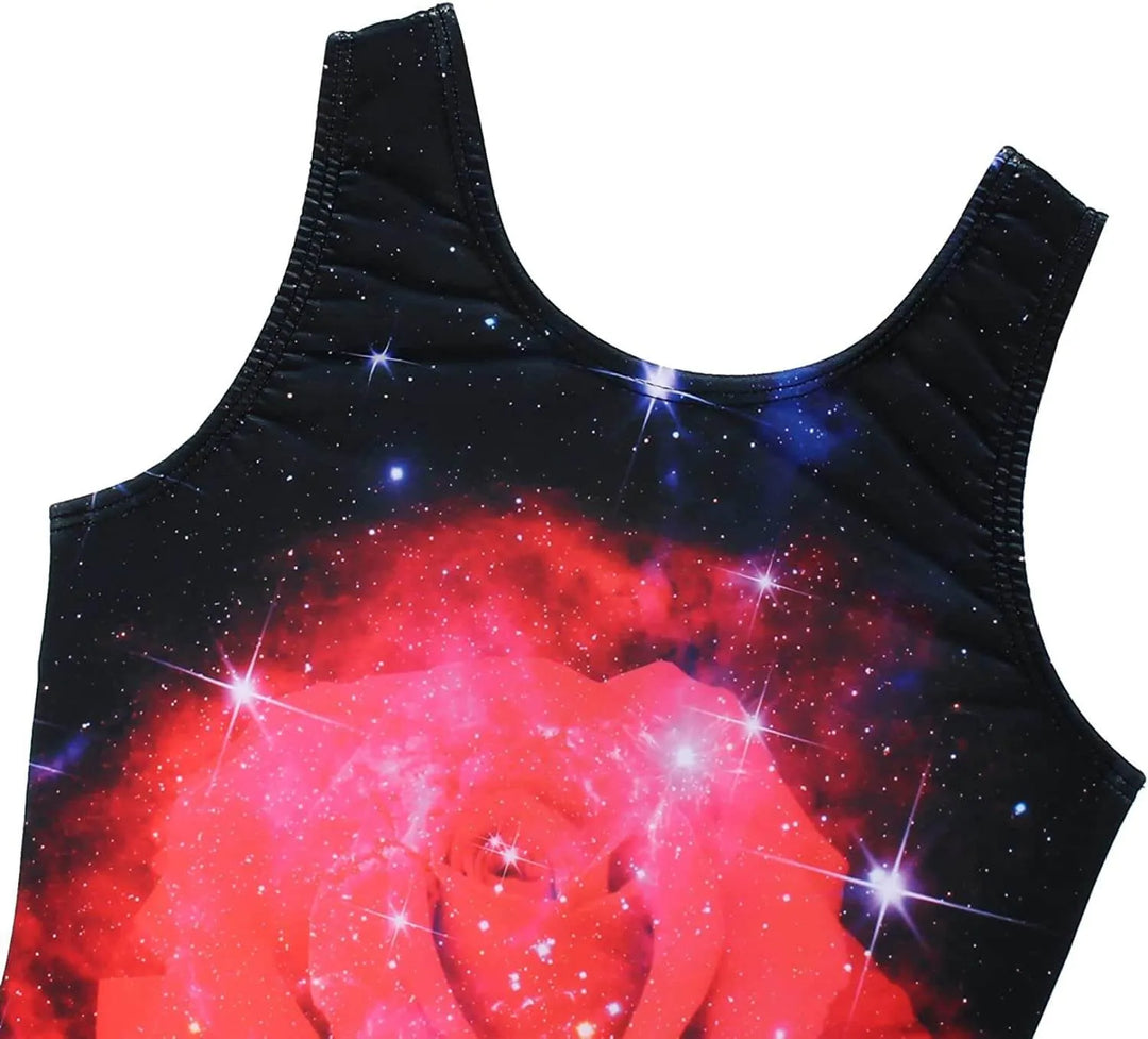 Girls Red Rose Pattern Galaxy Short Unitard, Biketard | JOYSTREAM