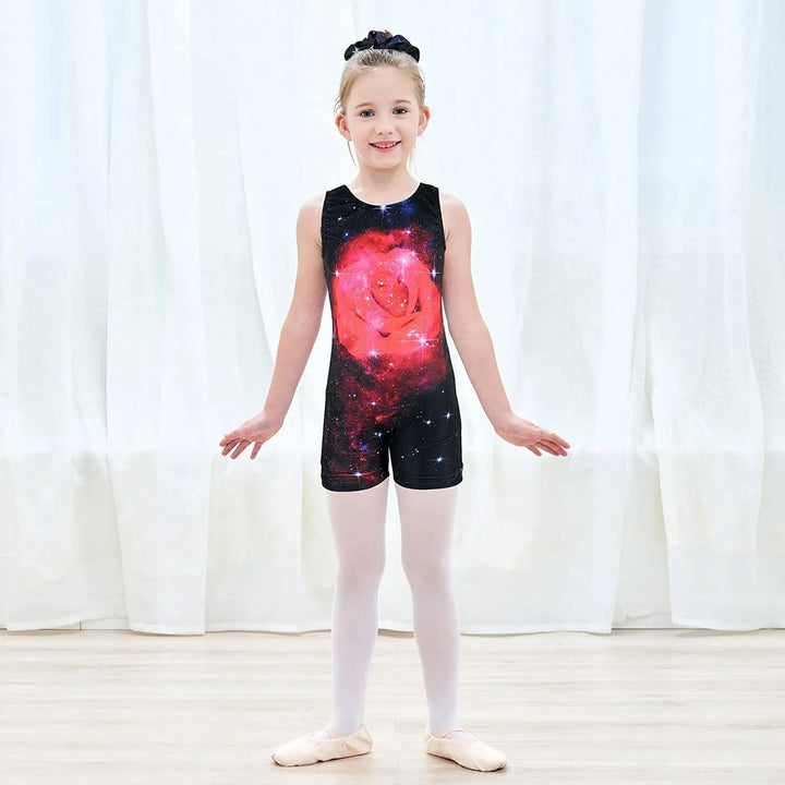 Girls Red Rose Pattern Galaxy Short Unitard, Biketard | JOYSTREAM