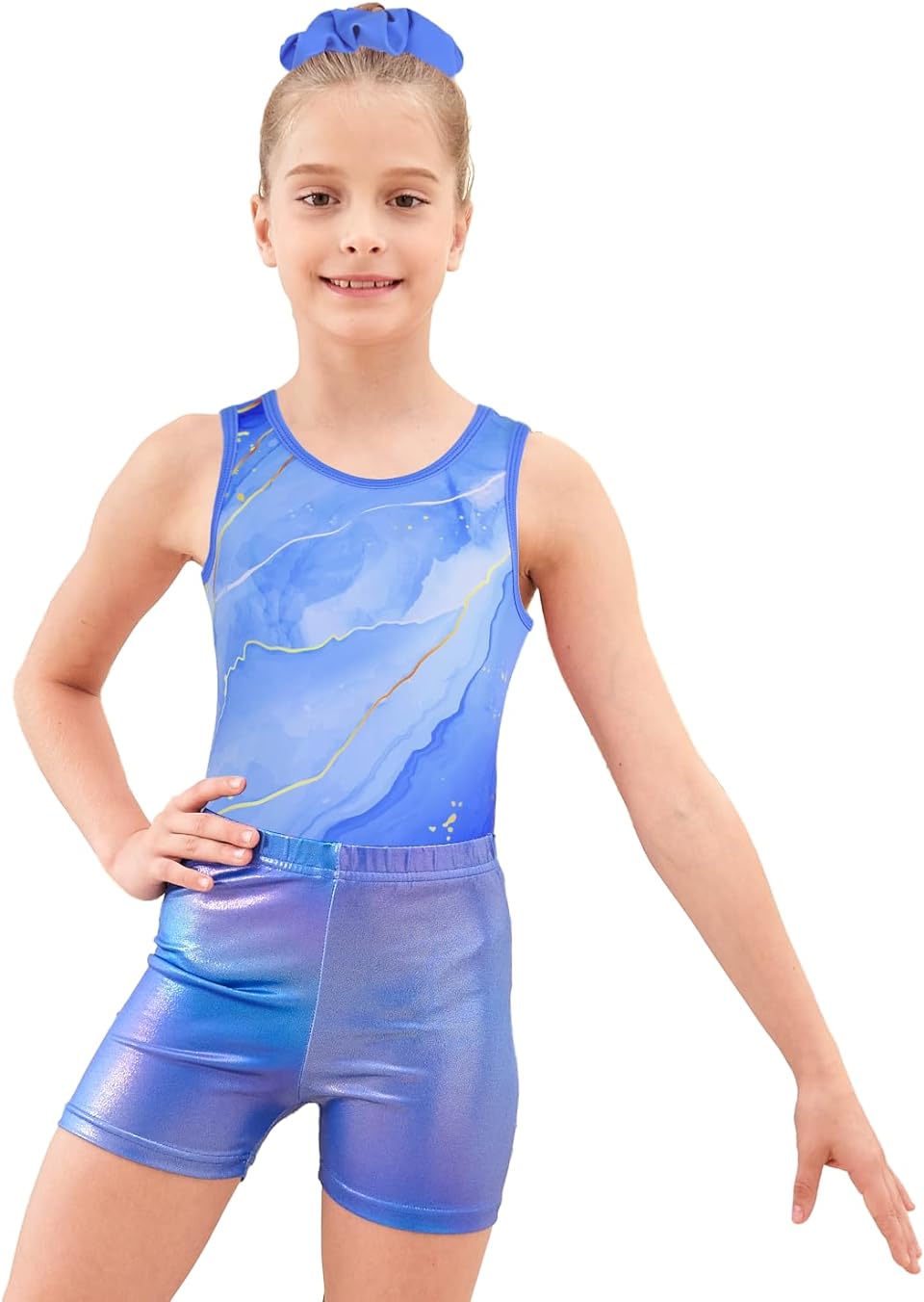 Wave Blue Gymnastics Leotards with Shorts Set for Girls