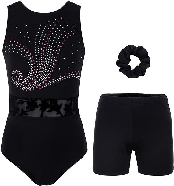 Swirling Glitter Black Leotard Set for Girls, Adult, Child With Shorts