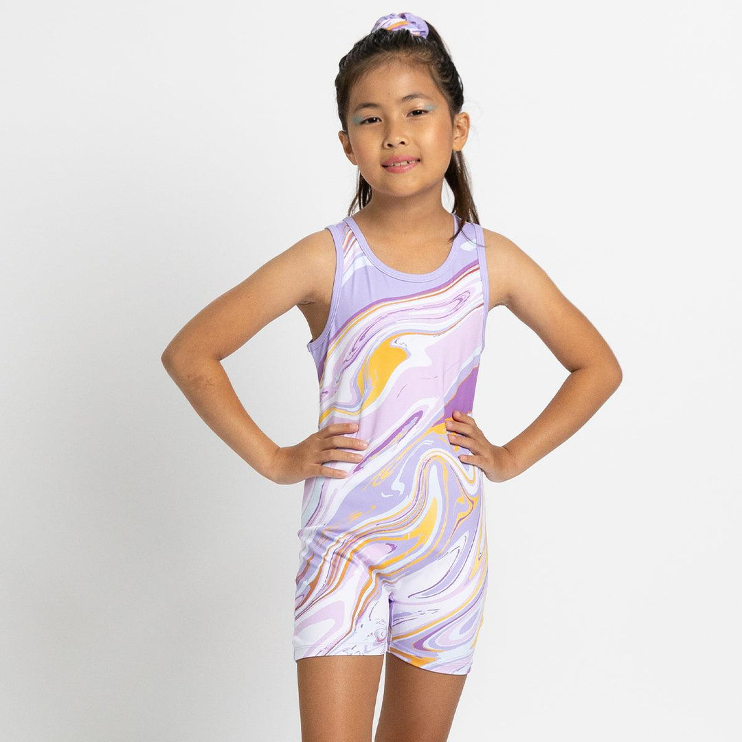 Purple Marble Gymnastics Biketard - Stretchable Unitard for Girls