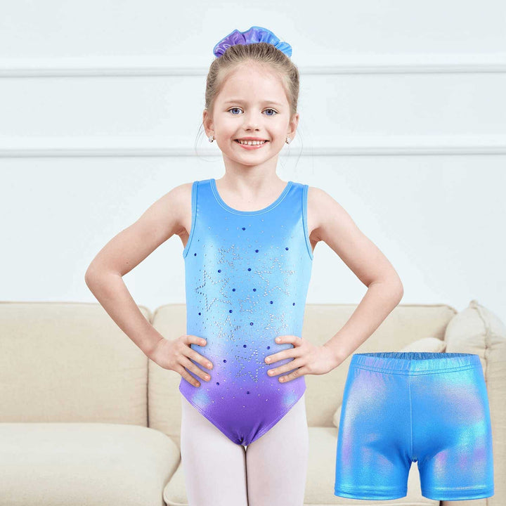 Blue to Purple Ombre Crystal Gymnastics leotards with shorts | JOYSTREAM