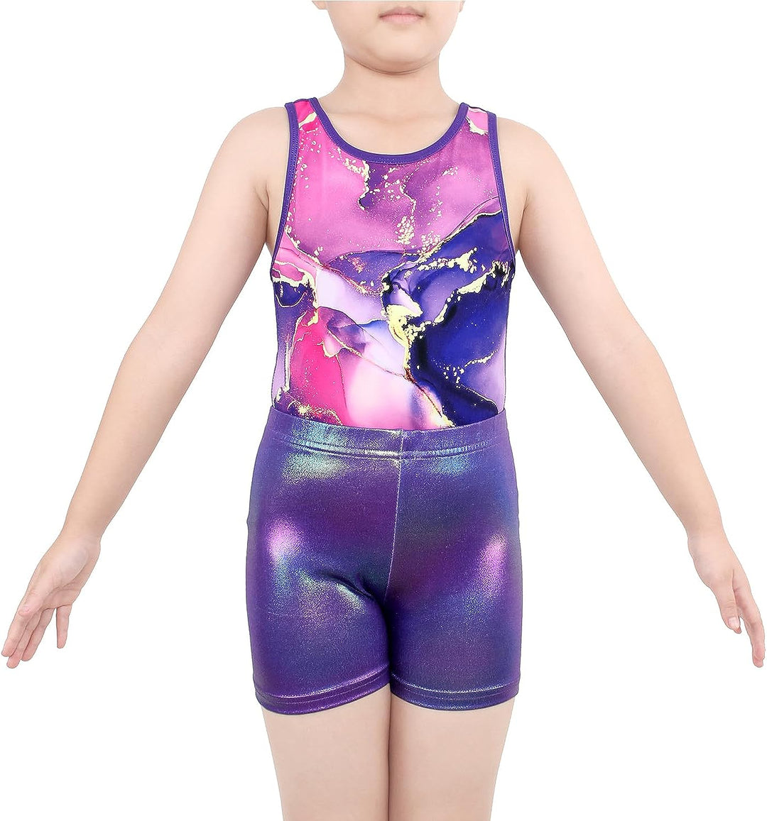 Girls Purple Marbling Cross Back Gymnastics Leotards Outfit - JOYSTREAM