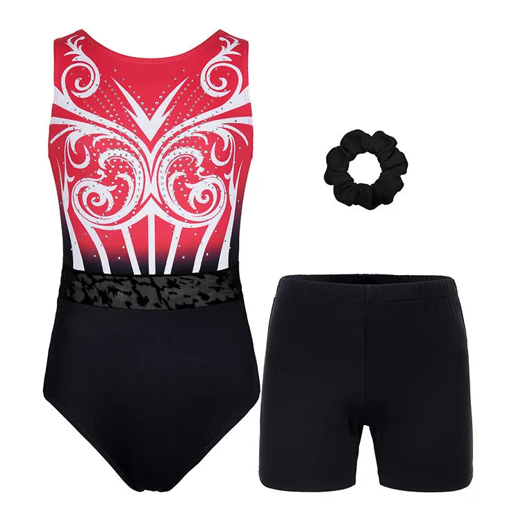 Fiery Red Floral Gymnastics Leotard for Girls, Adult, Child