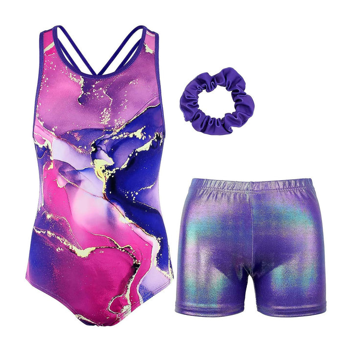 Girls Purple Marbling Cross Back Gymnastics Leotards Outfit - JOYSTREAM