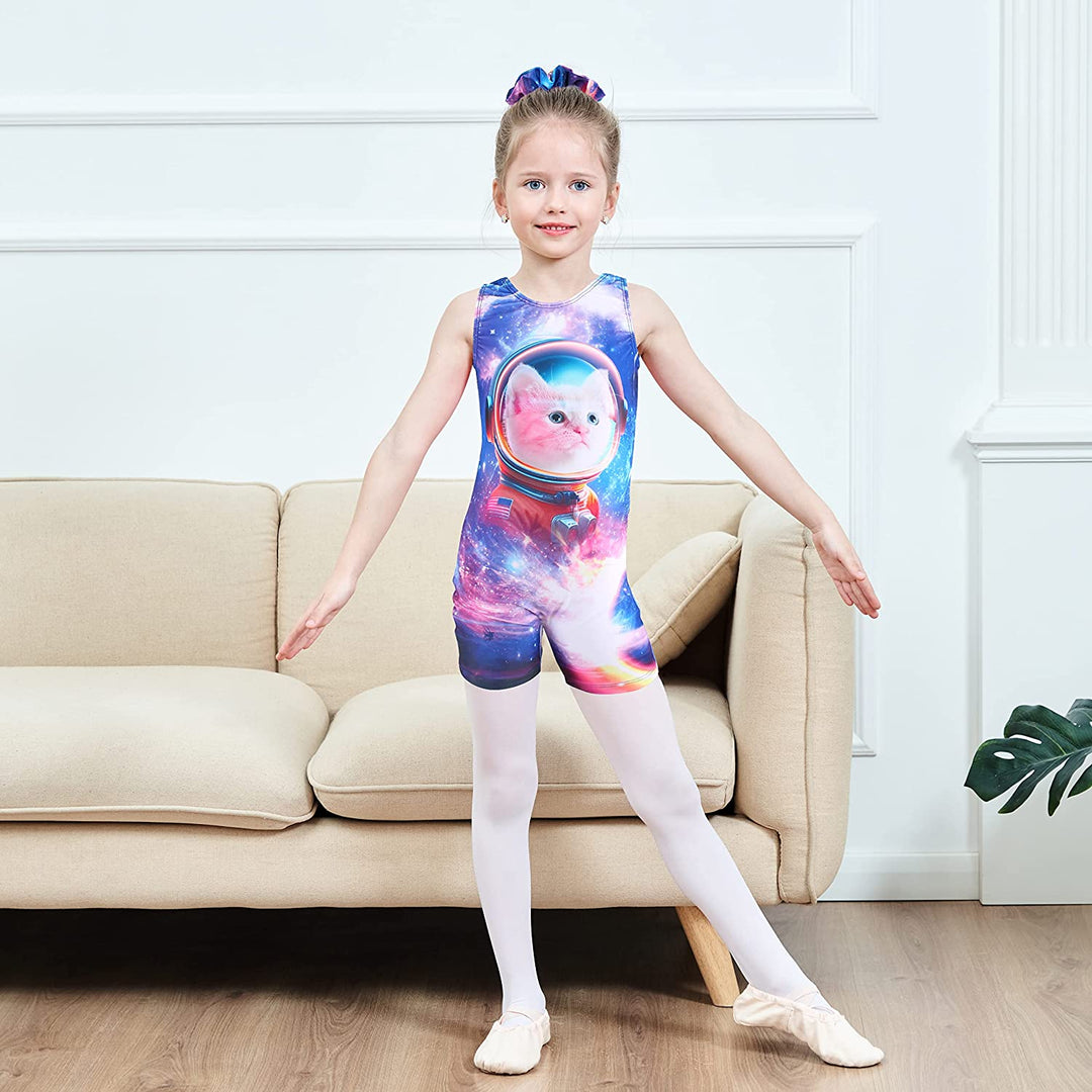 Girls Space Travel Cat Gymnastics Short Unitard, Biketard for Girls - JOYSTREAM