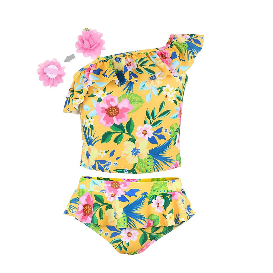 Girls Yellow Flower One Shoulder 2-Piece Swimsuits | JOYSTREAM