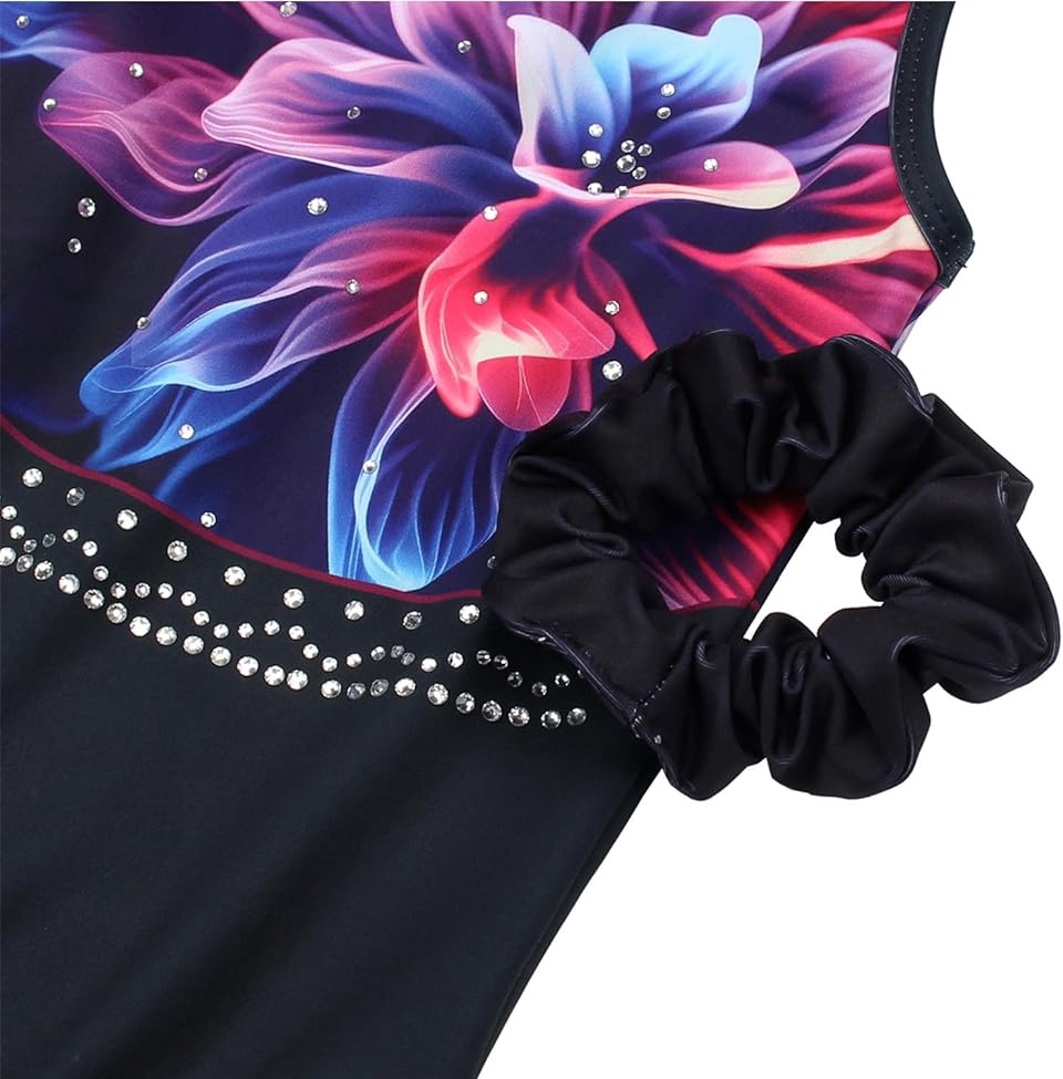 Black Flower Crystals Gymnastics Leotards Outfit Set