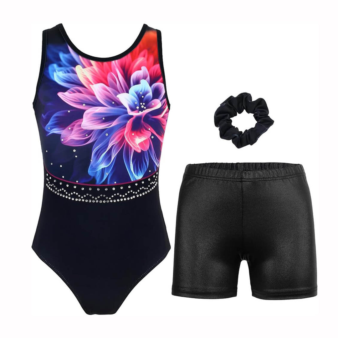 Black Flower Crystals Gymnastics Leotards Outfit Set