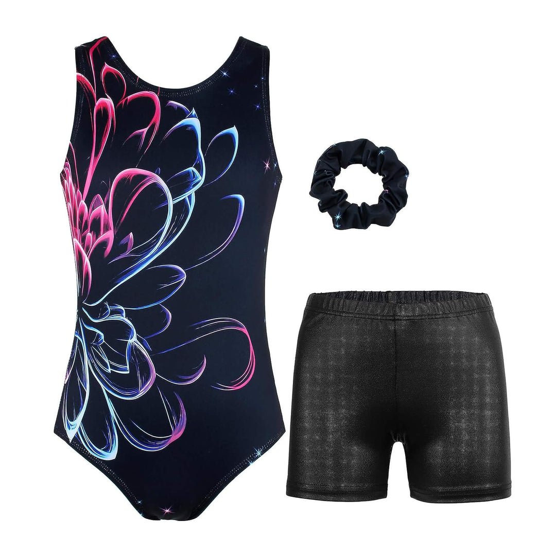 Black Flower Gymnastics Leotards Outfit Set