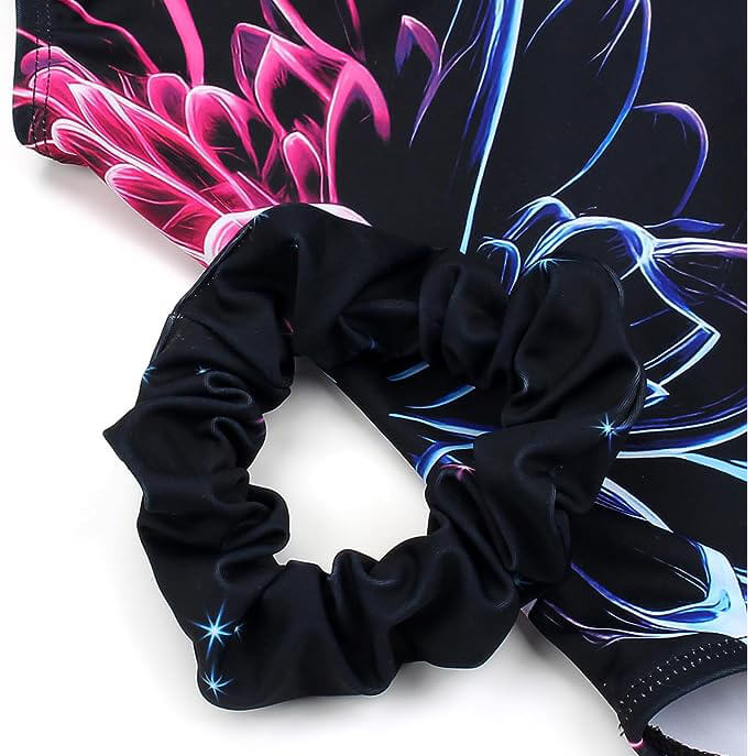Black Flower Gymnastics Leotards Outfit Set Scrunchie
