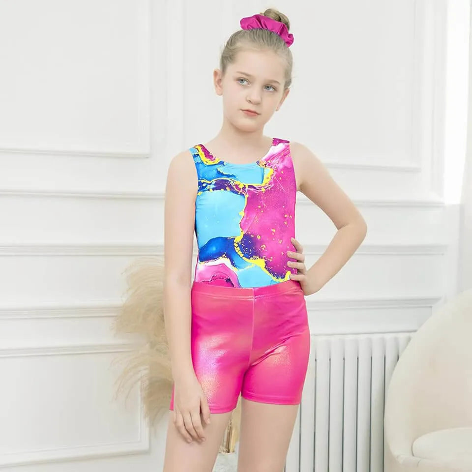 Blue and Pink Color Blocking Gymnastics Leotards Outfit Set