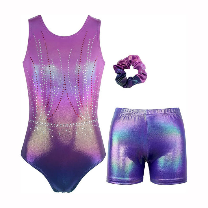 Elegant Purple With Crystals Gymnastics Leotards Outfit Set