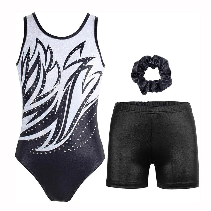 Fierce Black and White Flame Gymnastics Leotard with Shorts Set