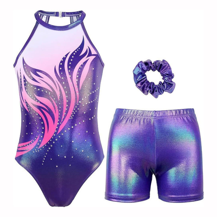 Fierce Purple Open Back Gymnastics Leotards Outfit Set