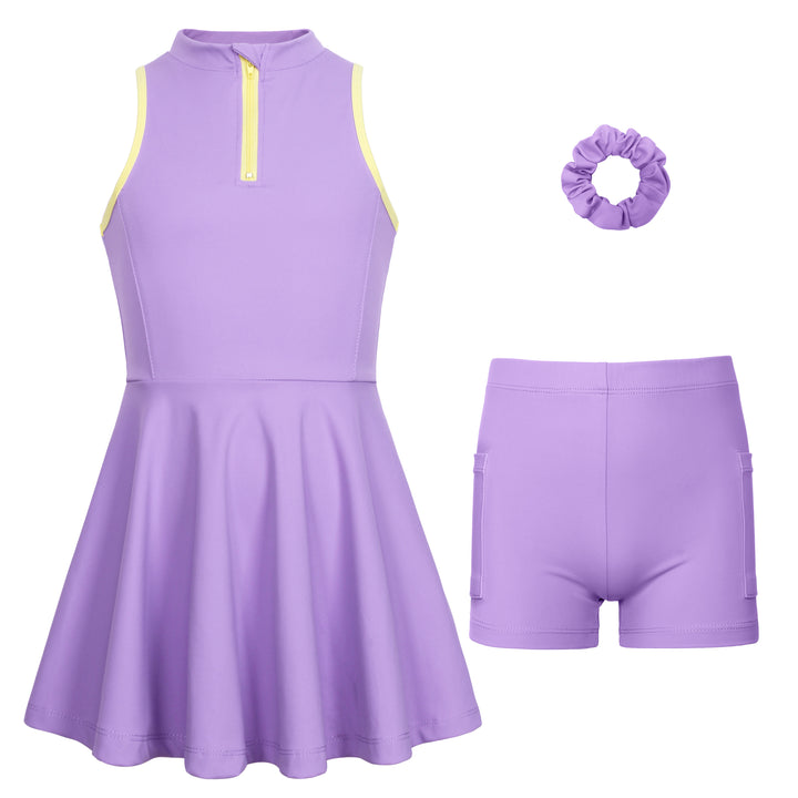 Girls Tennis Golf Dress Sleeveless Athletic Half Zipper Outfits with Shorts Aged 4-13Year