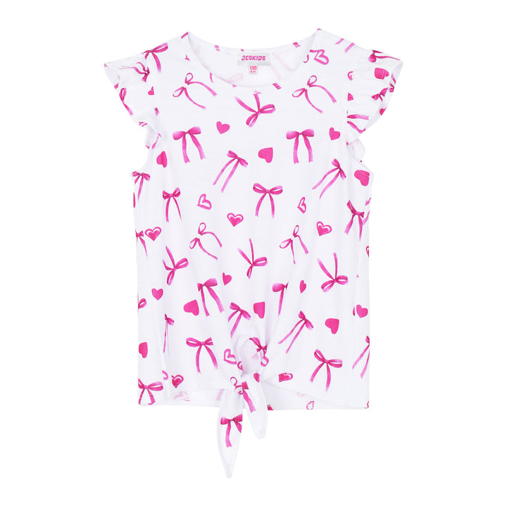 Girls Bow Print Tie-Front Flutter Sleeve Tee