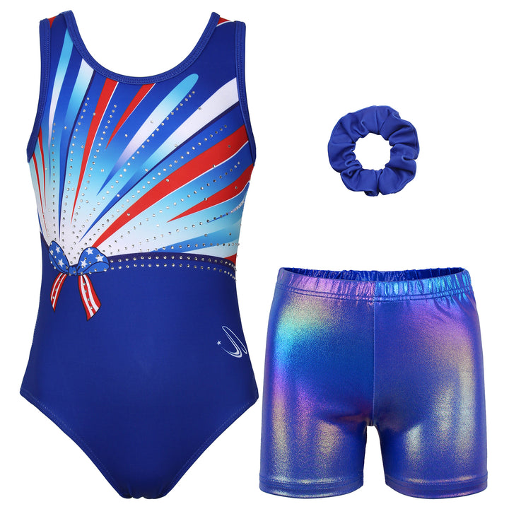Blue-red Bowknot Diamond Gymnastics Leotard & Shorts Set