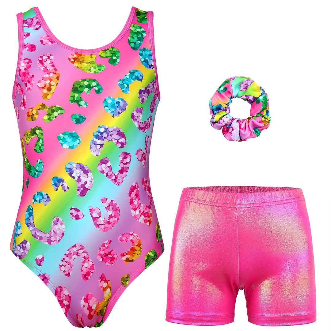 Gymnastics Leotards for Girls with Shorts Sparkly Ballet Dance Activewear Trendy Rainbow Leopard Print
