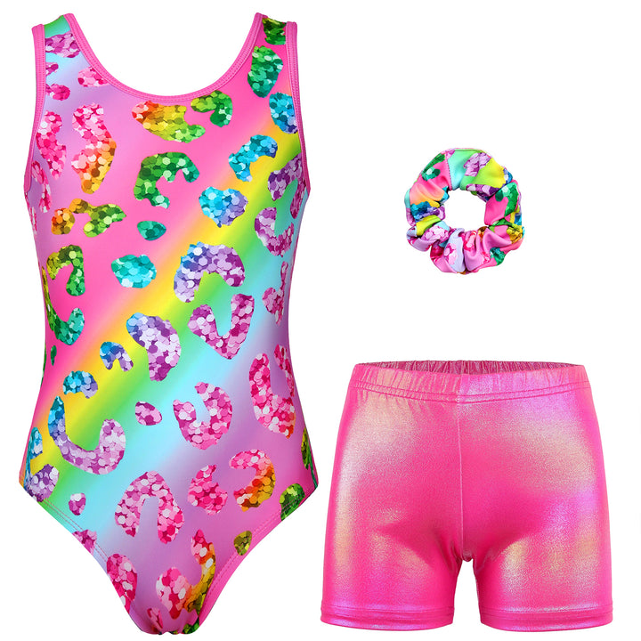 Gymnastics Leotards for Girls with Shorts Sparkly Ballet Dance Activewear Trendy Rainbow Leopard Print