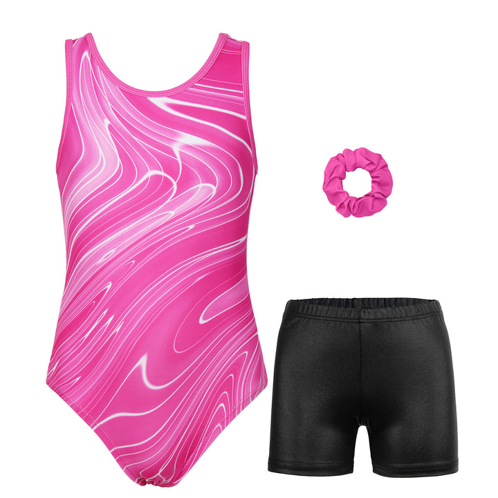 Fushcia Marbles Gymnastics Leotard with Shorts Set
