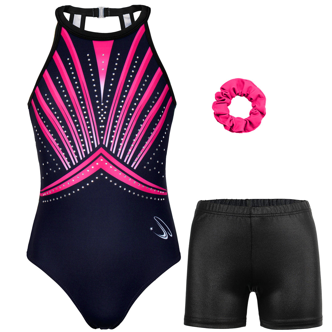 Rosered-black Diamond Clasp Back Gymnastics Leotard Set
