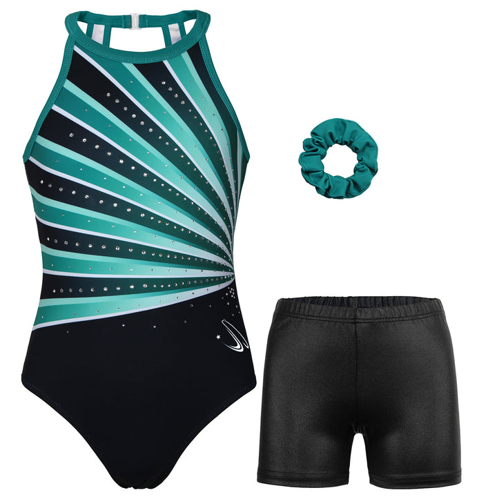 Green-black Diamond Clasp Back Gymnastics Leotard Set