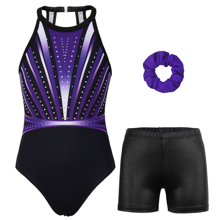Deep Violet Diamond Clasp Back Gymnastics Leotard Set