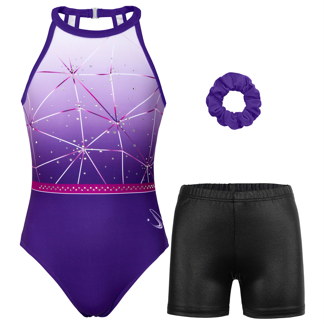 Violet Stripe Diamond Clasp Back Gymnastics Leotard Set