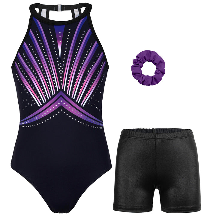 Purple-black Diamond Clasp Back Gymnastics Leotard Set