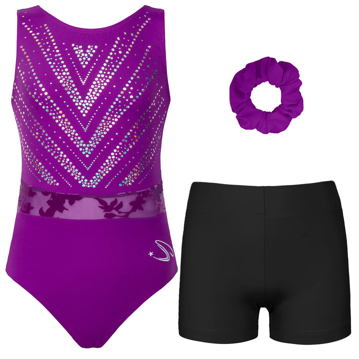 JOYSTREAM Girls Sparkle Gymnastics Set – Secure Fit 3-Piece Training Outfit Purple