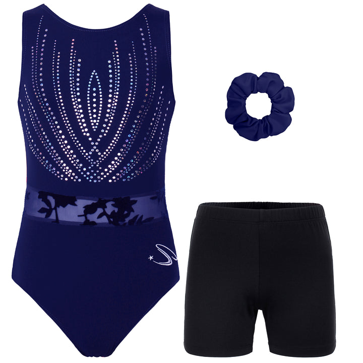 JOYSTREAM Girls Sparkle Gymnastics Set – Secure Fit 3-Piece Training Outfit Navy