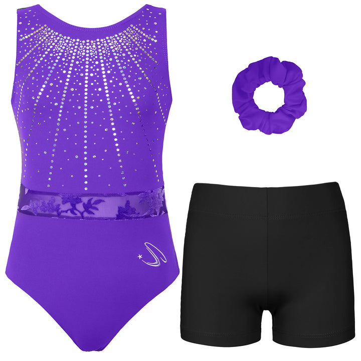JOYSTREAM Girls Sparkle Gymnastics Set – Secure Fit 3-Piece Training Outfit Purple