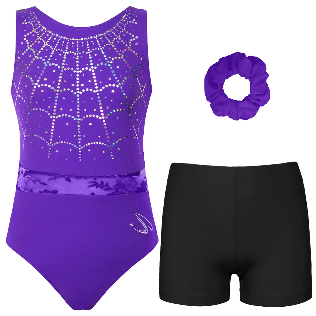 JOYSTREAM Girls Sparkle Gymnastics Set – Secure Fit 3-Piece Training Outfit Purple