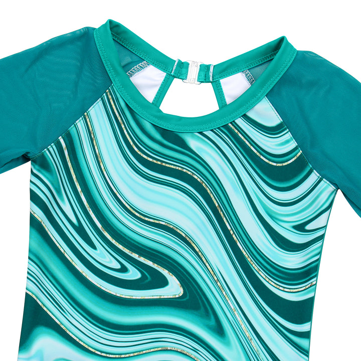Turquoise Marble 3/4 Mesh Sleeve Gymnastics Leotard Set for Girls