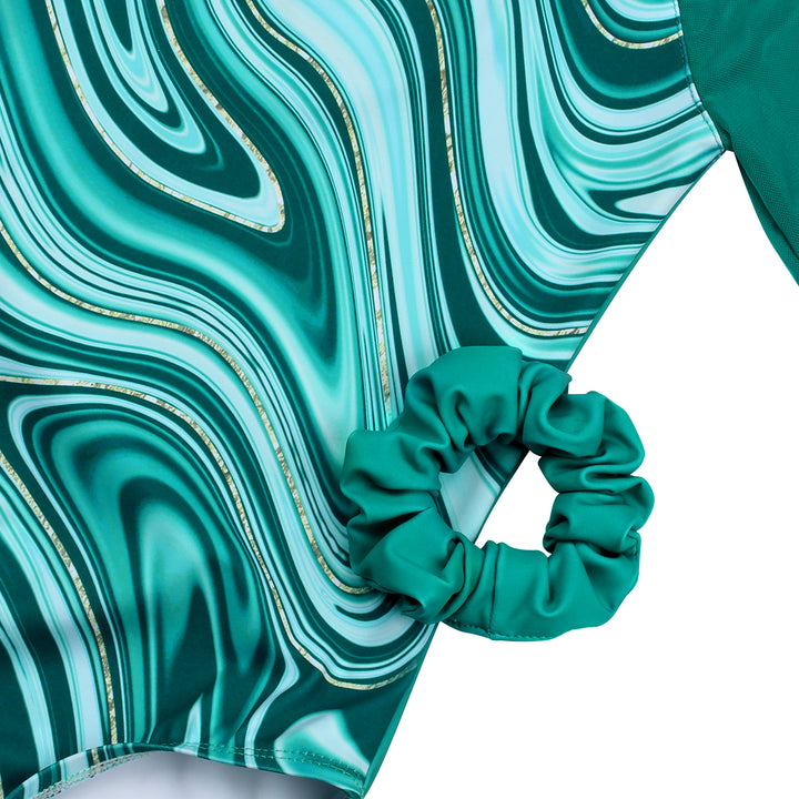Turquoise Marble 3/4 Mesh Sleeve Gymnastics Leotard Set for Girls