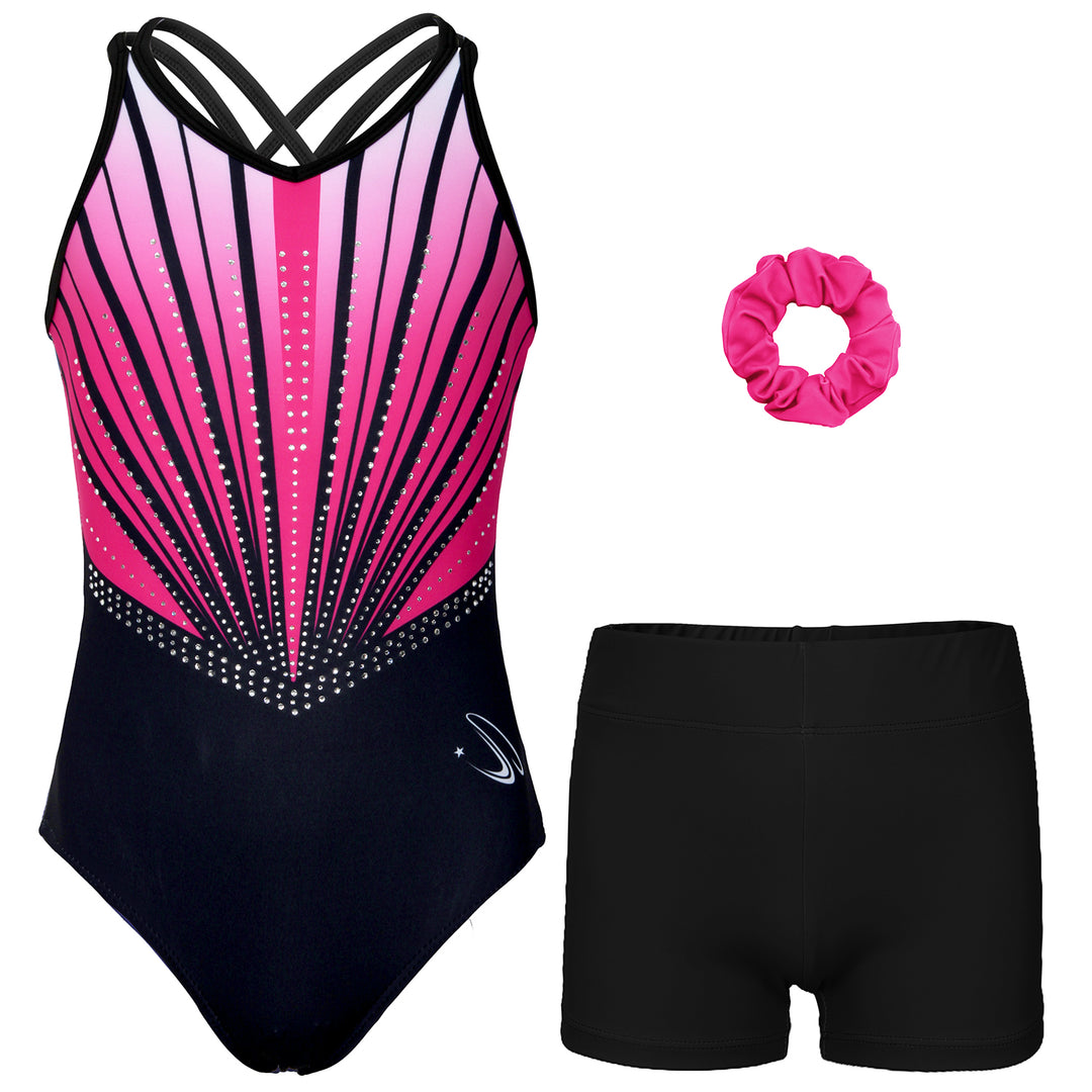 Fuchsia Line Diamond Crisscross Back Gymnastics Leotard Set for Girls