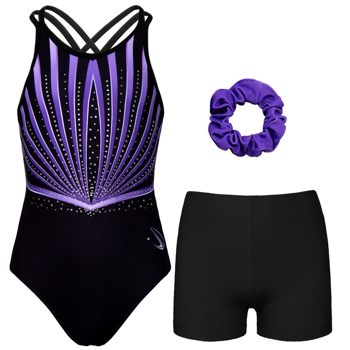 Fuchsia Line Diamond Crisscross Back Gymnastics Leotard Set for Girls