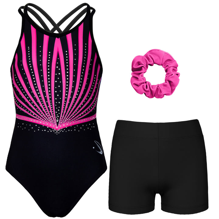 Fuchsia Line Diamond Crisscross Back Gymnastics Leotard Set for Girls
