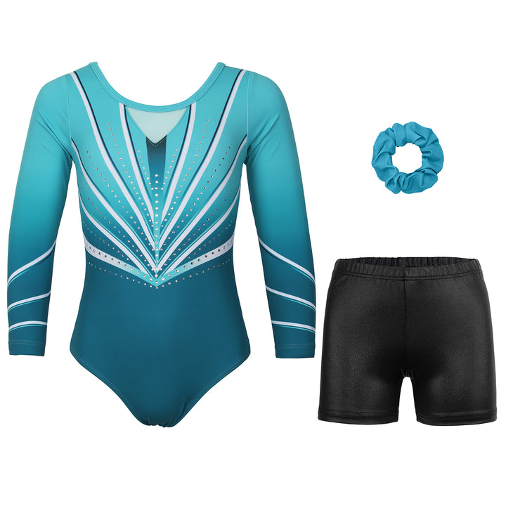 Turquoise Diamond Long Sleeve Gymnastics Leotard Set for Girls