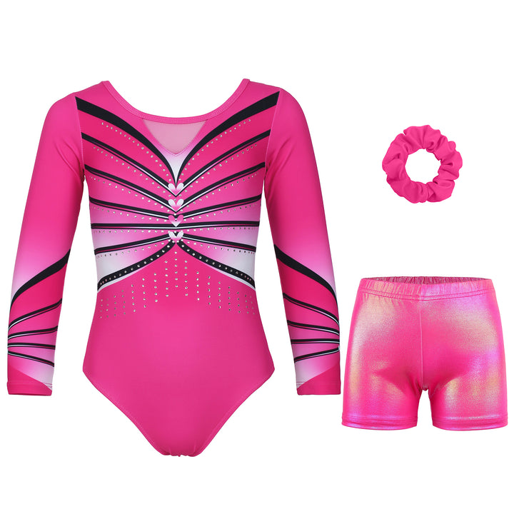 Romantic Heart Diamond Long Sleeve Gymnastics Leotard Set for Girls