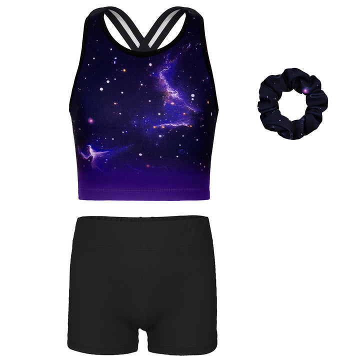 Gymnastics Leotards for Girls with shorts Tumbling Dance Cross Back Purple Galaxy