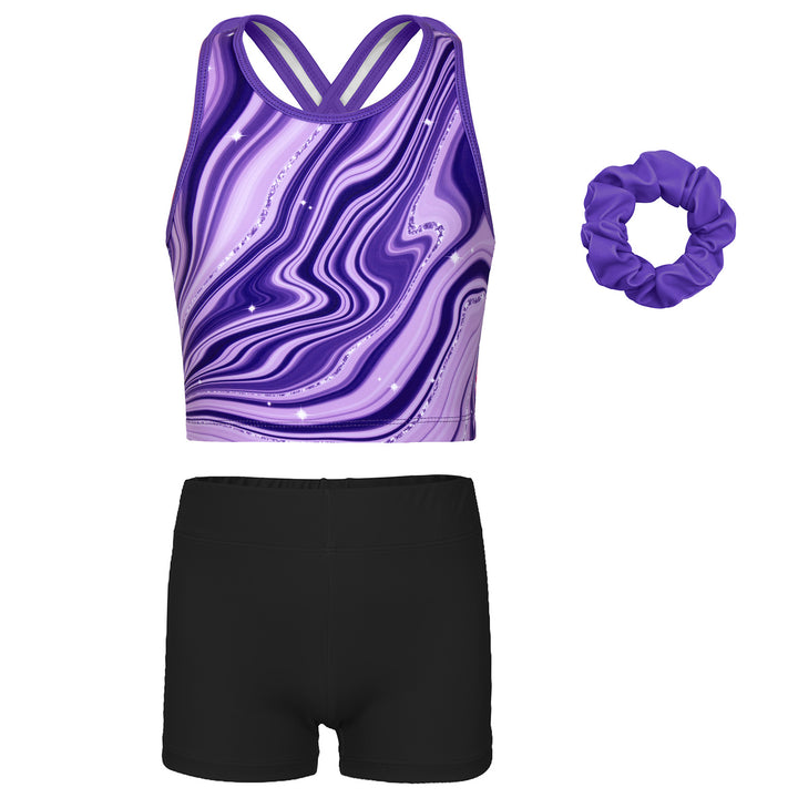 Gymnastics Leotards for Girls with shorts Tumbling Dance Cross Back Purple Marble Leotard