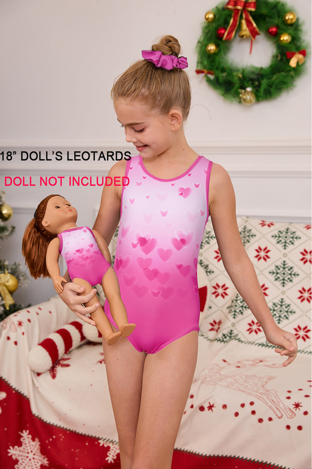Pink Hearts Gymnastics Leotards for Girls Matching 18 inch doll’s Training Bodysuits