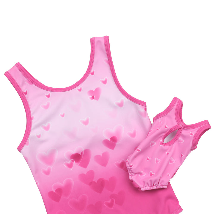 Pink Hearts Gymnastics Leotards for Girls Matching 18 inch doll’s Training Bodysuits