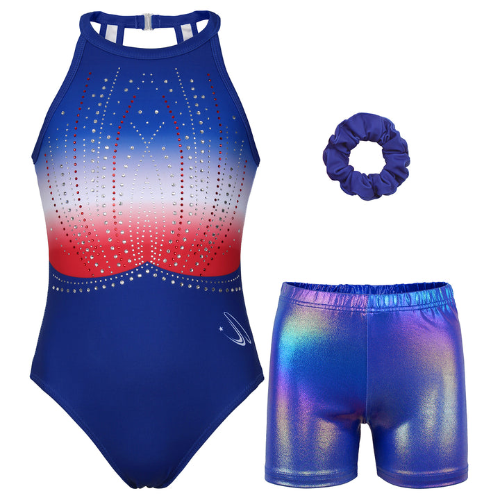 Gradient Blue Red Diamond Clasp Back Gymnastics Leotard Set