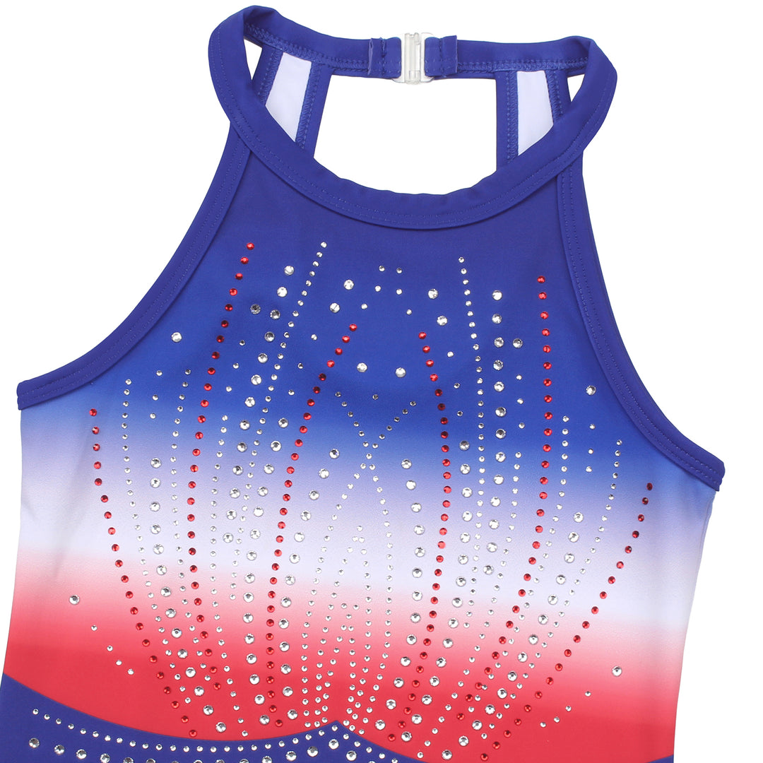 Gradient Blue Red Diamond Clasp Back Gymnastics Leotard Set