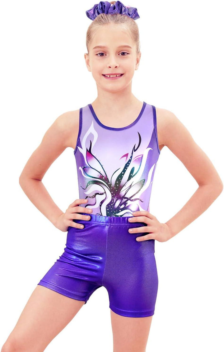 Shimmering Purple Floral Gymnastics Leotard with Shorts Set