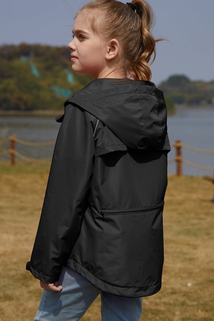 Girls Sporty Rain Jacket Waterproof Packable Lined Running Cycling Reflective Hooded Windbreaker